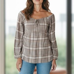 NWOT VLN Studio Elegant Off-Shoulder Plaid Blouse Size S